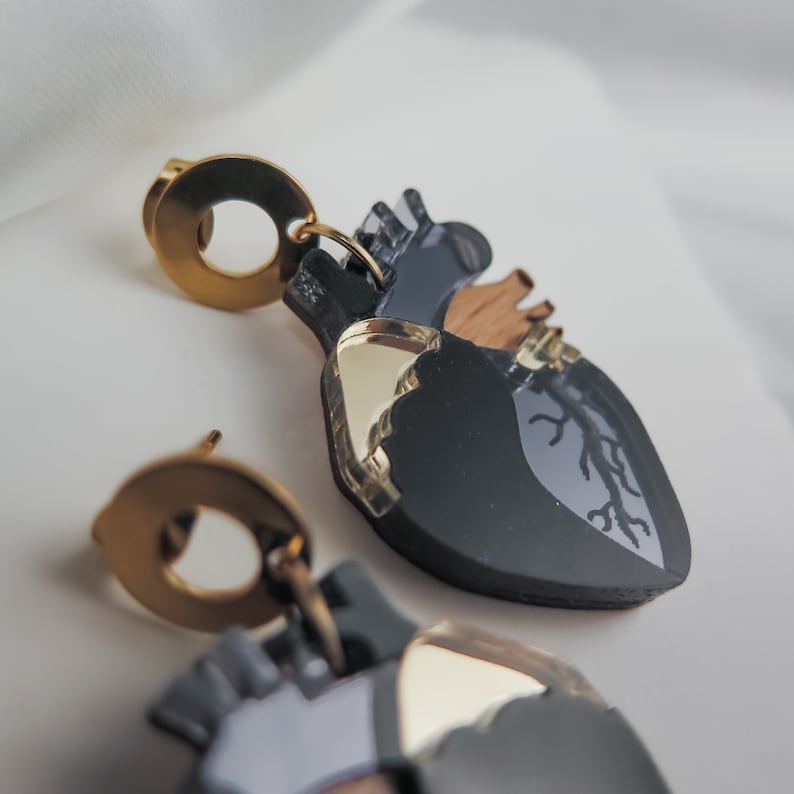 Anatomical Heart Drop Earrings from black and onyx acrylic glass with gold mirror highlights image 3