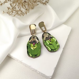 Green Rose Chafer Statement Earrings laser cut from mirror acrylic with tiny rainbow rhinestones image 5