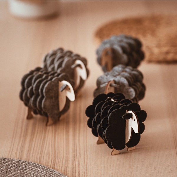 Sheep Felt Coasters - Cute Housewarming Gift - Set of 6 felt coasters on a plywood sheep stand