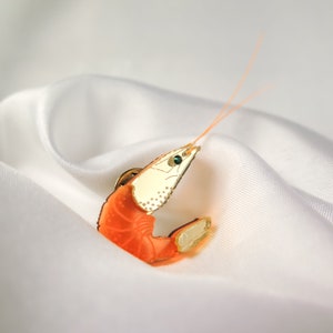 Neon Shrimp Lapel Pin with Sparky Emerald Rhinestone Eyes and Long Neon Orange Antennas, acrylic jacket badge image 5