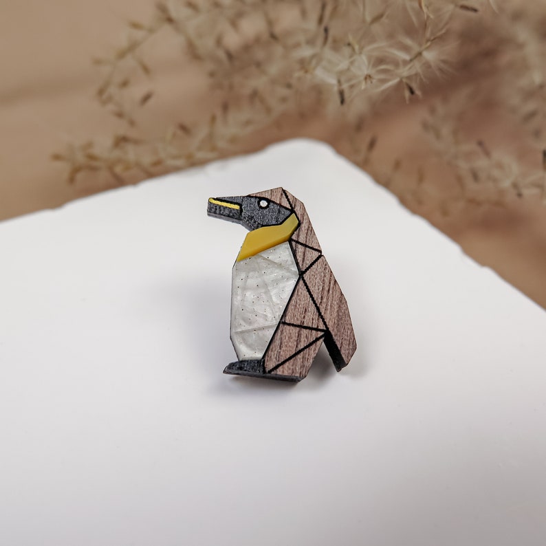 Penguin Lapel Pin from recycled exotic wood and acrylic glass, cute little jacket pin image 1