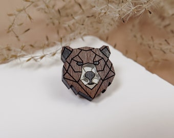 Bear Lapel Pin from recycled exotic wood and acrylic glass, cute little jacket pin