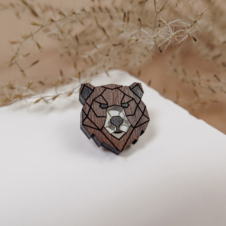 Bear Lapel Pin from recycled exotic wood and acrylic glass, cute little jacket pin image 1