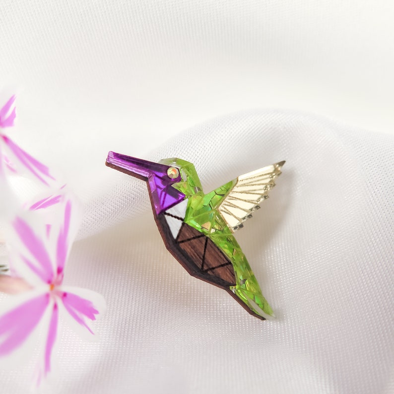 Hummingbird Lapel Pin from recycled exotic wood and colorful acrylic glass, cute little jacket badge image 5