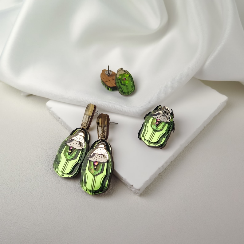 Green Rose Chafer Statement Earrings laser cut from mirror acrylic with tiny rainbow rhinestones image 6