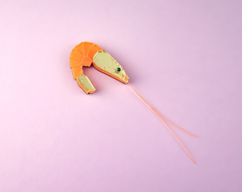 Neon Shrimp Lapel Pin with Sparky Emerald Rhinestone Eyes and Long Neon Orange Antennas, acrylic jacket badge