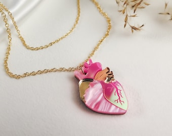 Pink Anatomical Heart Pendant on Double Chain Necklace, holographic pink acrylic glass