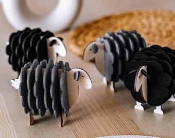 Charming Sheep Coaster Set with Plywood Holder - Set of 6, Unique Housewarming Gift Idea