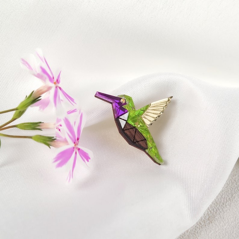 Hummingbird Lapel Pin from recycled exotic wood and colorful acrylic glass, cute little jacket badge image 7