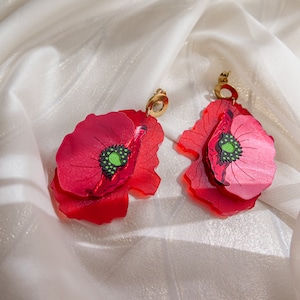 Statement Red Poppy Earrings laser cut from acrylic glass, large yet lightweight jewelry