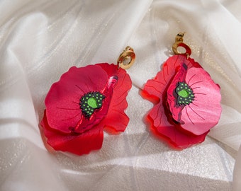 Statement Red Poppy Earrings laser cut from acrylic glass, large yet lightweight jewelry