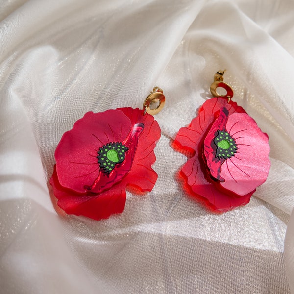 Statement Red Poppy Earrings laser cut from acrylic glass, large yet lightweight jewelry