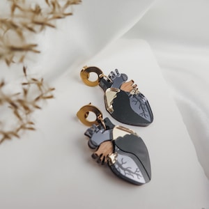 Anatomical Heart Drop Earrings from black and onyx acrylic glass with gold mirror highlights image 2