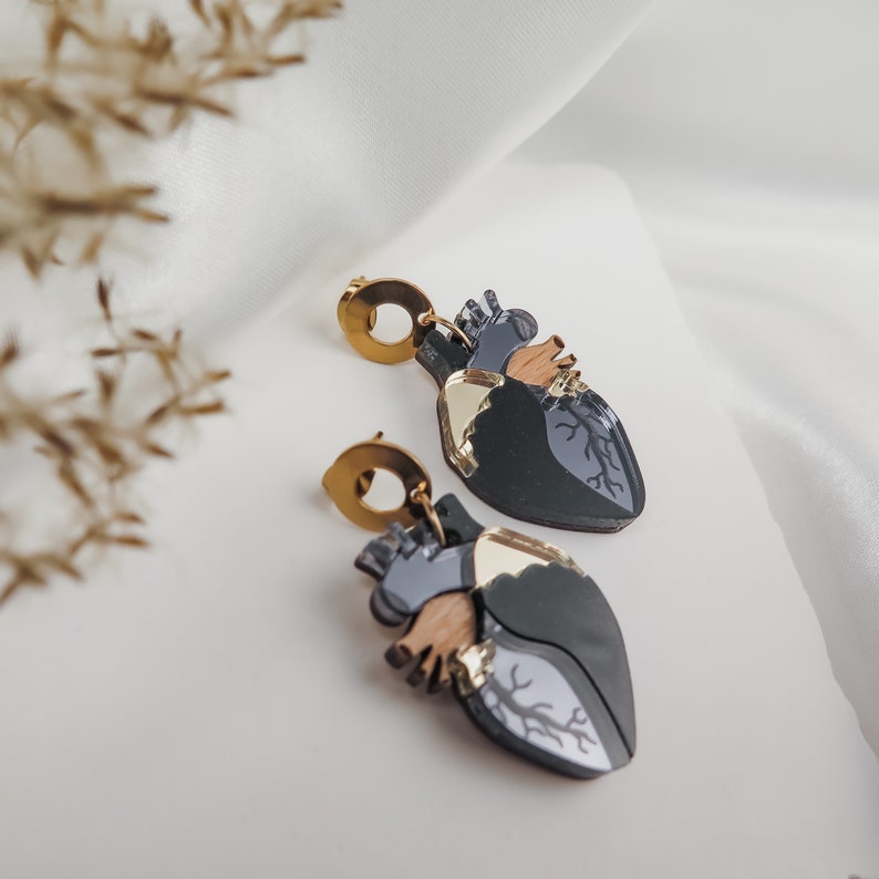 Anatomical Heart Drop Earrings from black and onyx acrylic glass with gold mirror highlights image 2