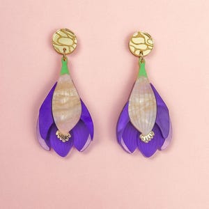 Purple Crocus Flower Earrings, laser cut from acrylic glass, large yet very lightweight