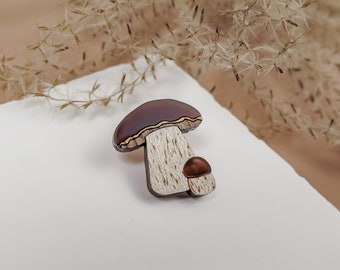 King Bolete Mushroom Lapel Pin from recycled exotic wood and acrylic glass, cute little jacket pin