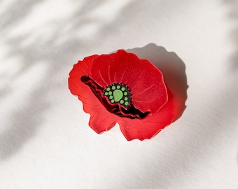 Broche coquelicot rouge découpée au laser dans du verre acrylique, thème floral réaliste