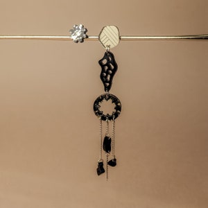 Mismatched Asymmetrical Earrings in Elegant Black and Gold, one long dangle earring and one stud image 1