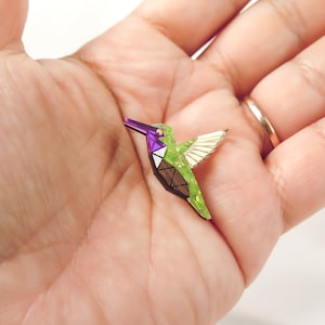 Hummingbird Lapel Pin from recycled exotic wood and colorful acrylic glass, cute little jacket badge image 6