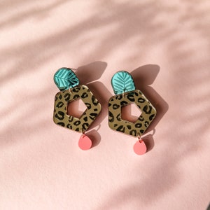 Statement Earrings with Black and Gold Leopard hand painted pattern with colorful accents