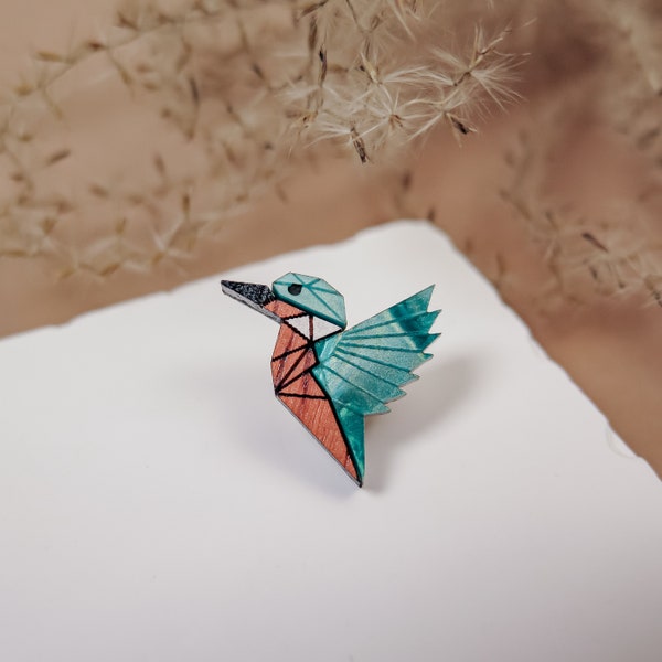 Kingfisher Bird Lapel Pin from recycled exotic wood and turquoise acrylic glass, cute little jacket pin