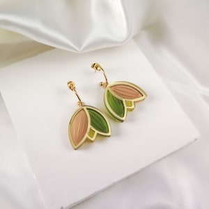 Tulip Earrings from lightweight green and sand acrylic glass on half hoop findings, stained glass effect