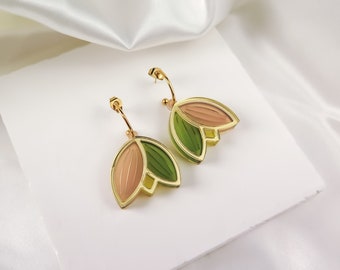 Tulip Earrings from lightweight green and sand acrylic glass on half hoop findings, stained glass effect