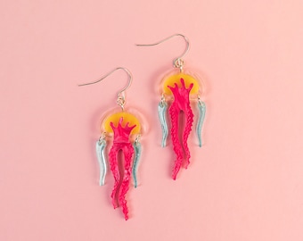 Vibrat Jellyfish Earrings laser cut from acrylic glass, playful funny jewelry