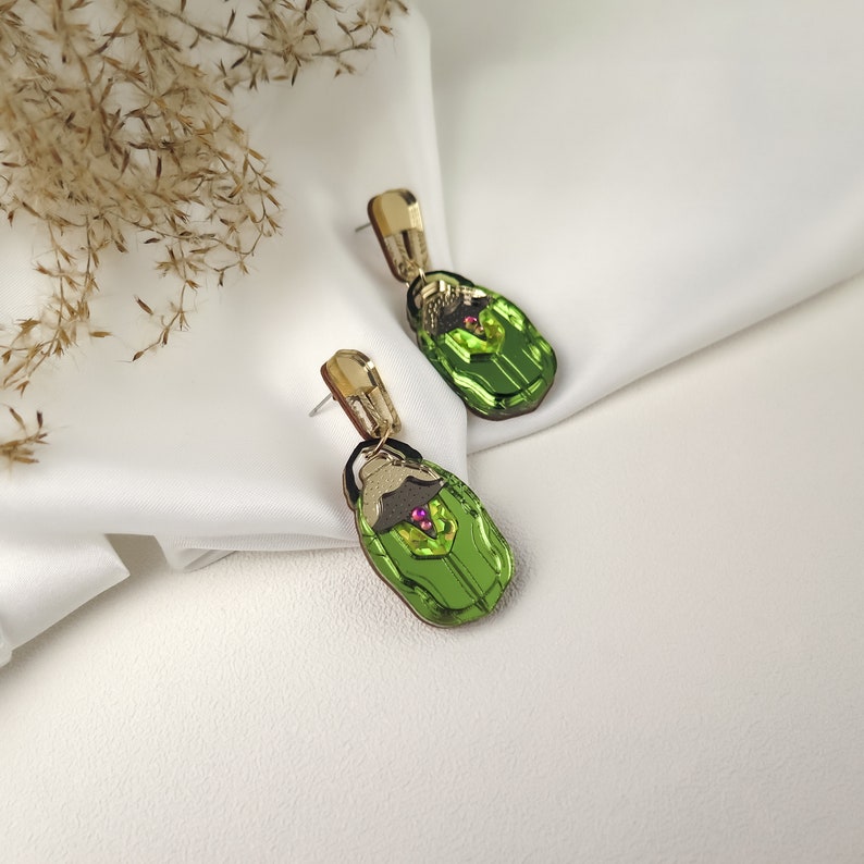 Green Rose Chafer Statement Earrings laser cut from mirror acrylic with tiny rainbow rhinestones image 2