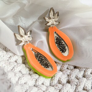 Vivid Acrylic Papaya Earrings in Neon Orange and Green With Gold Mirror ...