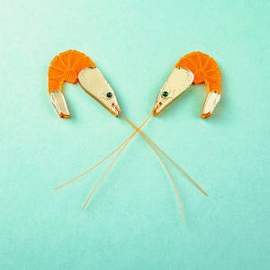 Neon Shrimp Stud Earrings with Sparky Emerald Rhinestone Eyes and Long Neon Orange Antennas