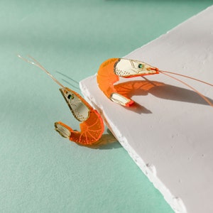 Neon Shrimp Stud Earrings with Sparky Emerald Rhinestone Eyes and Long Neon Orange Antennas