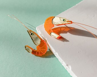 Neon Shrimp Stud Earrings with Sparky Emerald Rhinestone Eyes and Long Neon Orange Antennas