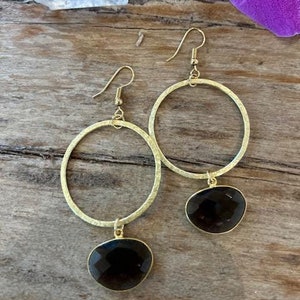 Smokey quartz hammered gold hoops