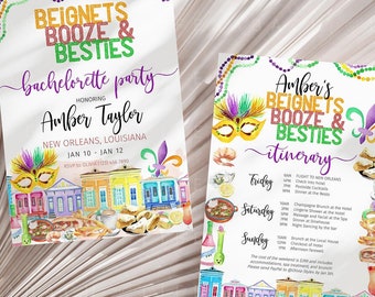 New Orleans Bachelorette Itinerary, Beignets Booze and Besties Mardi Gras Weekend Trip Invitation + Schedule Template CORJL Digital Download