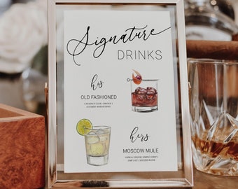 Minimalist Signature Drinks Editable Template, Printable Signature Cocktail Sign, Printable Wedding Bar Menu, His and Hers Bar Sign