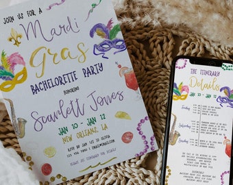 May include: A printable Mardi Gras bachelorette party invitation with a purple, green, and gold color scheme. The invitation features a watercolor illustration of a mask, beads, and a saxophone. The text on the invitation reads "Join us for a Mardi Gras Bachelorette Party Honoring Scarlett Jones Jan 10 - Jan 12 New Orleans, LA RSVP by Jan 1st to Olivia 113 134 7010 Email: Imail.com Please see itinerary for details."