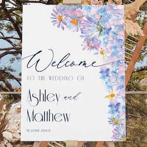 Hydrangea Wedding Welcome Sign, Editable Dusty Blue Marriage Ceremony Welcome Poster, Custom Floral Signage Printable Template, CORJL DIY