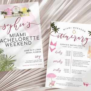 Miami Bachelorette Party Invitation + Weekend Itinerary, Editable Bach Weekend Invite Girls Trip Editable Schedule Templates CORJL Digitals