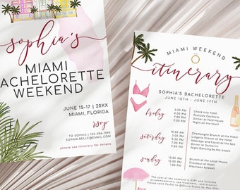 Miami Bachelorette Party Invitation + Weekend Itinerary, Editable Bach Weekend Invite Girls Trip Editable Schedule Templates CORJL Digitals
