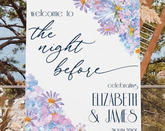 Welcome Sign for Wedding Blue Hydrangeas, Editable Rehearsal Dinner Reception Large Poster Template, The Night Before Signage CORJL Download