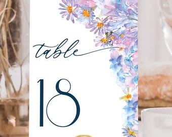 Table Numbers Wedding Printable Hydrangea, Modern Minimalist Wedding or Bridal Shower Reception Table Name Signs Printable Template, CORJL