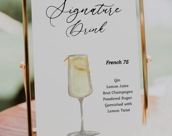 Modern French 75 Signature Drink Cocktail Sign, Wedding Sign, Editable Drink Recipe Printable Template, Instant Download
