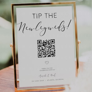 Tips for Cash Sign, Modern Wedding Honeymoon Fund Editable Tip the Newlyweds Signage , Editable Wedding Printable QR Code for Couple Gifts