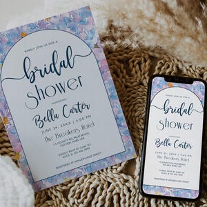 Hydrangea Shower Invitation, Custom Blue Floral Bridal Party Self Editable Printable Card with Backside and Mobile Size Templates, CORJL DIY
