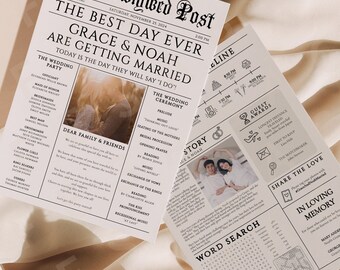 Wedding Newspaper Elopement, Wedding Day Post Newspaper Template, Modern Ceremony Program Editable Couple Photos Infographic Printable CORJL
