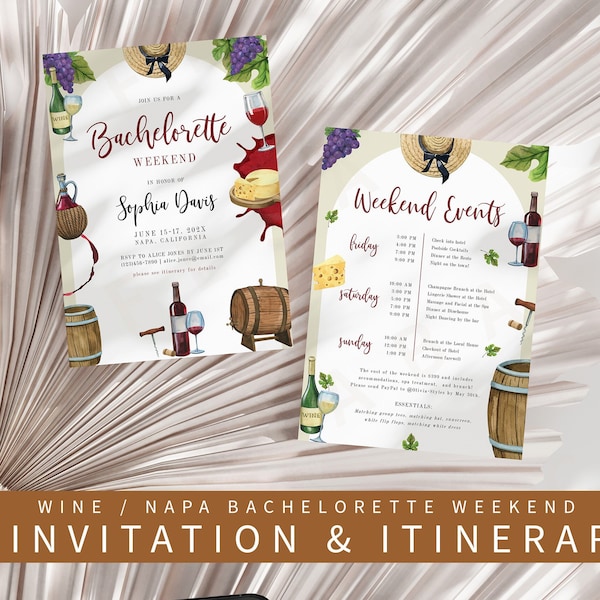 Wine Bachelorette Itinerary, Printable and Digital Wedding Invitation Napa, Editable Bach Party Wine Tasting Invite + Itinerary, CORJL DIY