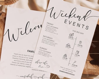Wedding Weekend Timelines with Icons, Modern Wedding Destination Details Invitation Card Editable Itinerary Templates CORJL Digital Download