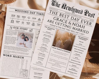 Wedding Newspaper Tabloid, The Newlywed Post Wedding Day Newspaper Program Editable Template with Crossword Printable CORJL Digital Download