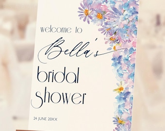Hydrangea Bridal Shower Welcome Sign, Something Blue Floral Editable Bride-to-be Party Large Signage Template Printable Reception DIY CORJL